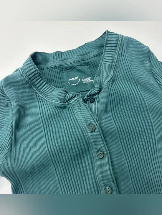 aerie Road Trip Ribbed Long Sleeve Henley Long Sleeve Tee Deep Forest Green AEO - Picture 3 of 4